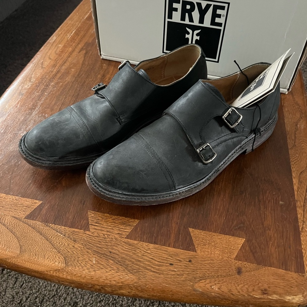 Frye Double Monk Leather Loafer Shoes size 9 Distressed Black